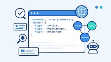 JSON-LD illustration with @graph linking Article, Organization, and Breadcrumb for SEO