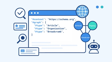 JSON-LD illustration with @graph linking Article, Organization, and Breadcrumb for SEO