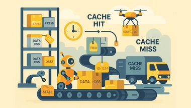 Futuristic warehouse with robots, drones, and shelves labeled “fresh” or “stale” to represent caching
