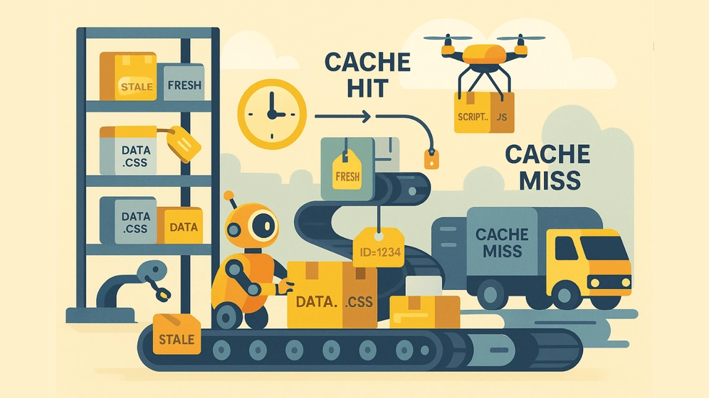 Futuristic warehouse with robots, drones, and shelves labeled “fresh” or “stale” to represent caching
