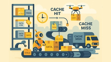 Futuristic warehouse with robots, drones, and shelves labeled “fresh” or “stale” to represent caching