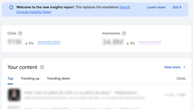 Screenshot of Search Console Insights showing top-performing pages and traffic changes