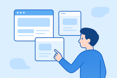 Illustration of a user navigating between tabs and floating modals, while the background remains stable to symbolize state conservation.