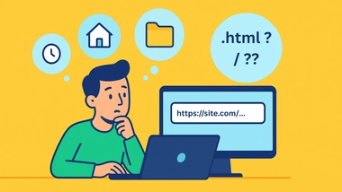 Developer at their computer with thought bubbles showing different URL formats