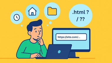 Developer at their computer with thought bubbles showing different URL formats