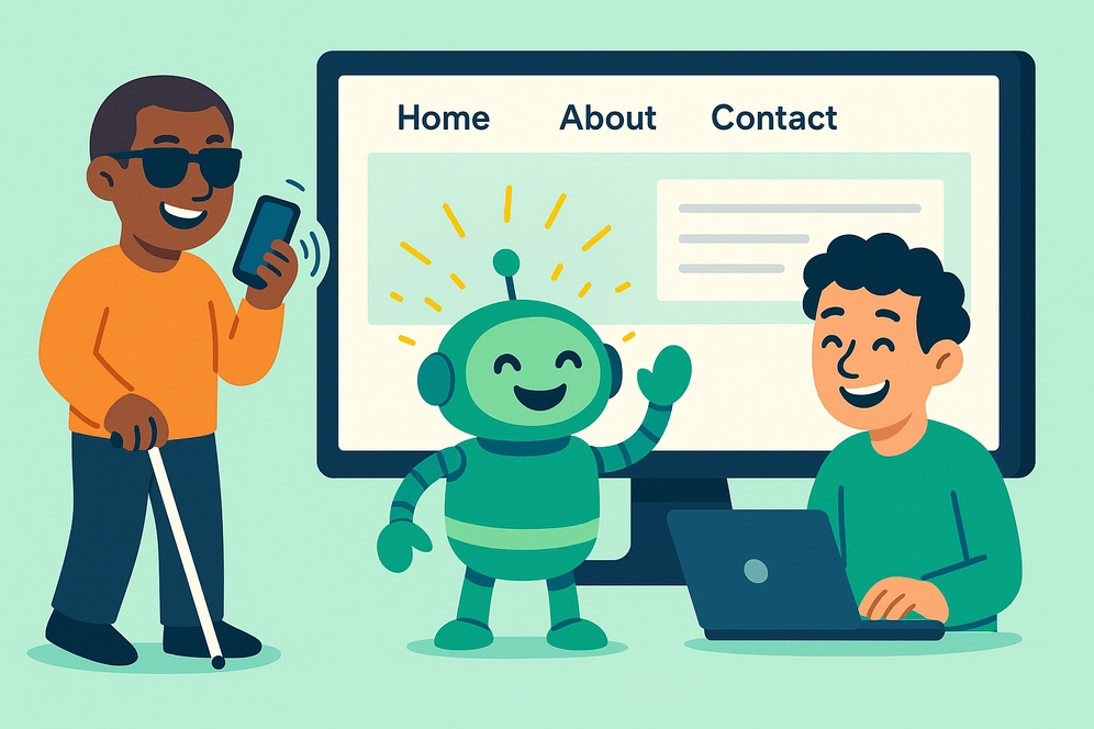 A disabled person, a robot and a developer are happy in front of a navigation
