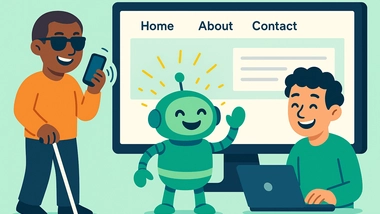 A disabled person, a robot and a developer are happy in front of a navigation